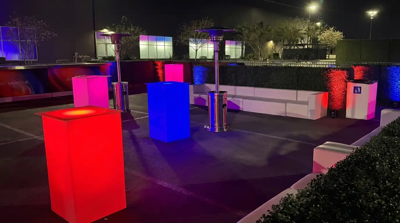 Double-sided 4x4 hedge rental layout creating VIP areas at Area15 Las Vegas